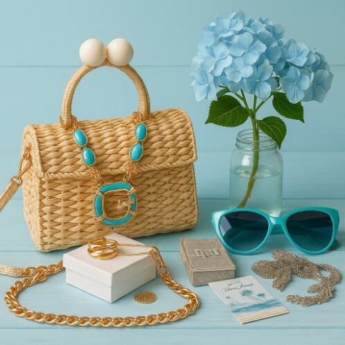 Borsa intrecciata in paglia con una collana gioiello turchese appoggiata davanti, occhiali da sole turchesi, una catena e un anello dorati su una scatolina, un barattolo di vetro con un mazzo di ortensie azzurre su un piano di legno color celeste.<br /><br /><br /><br /><br /><br /><br /><br /><br /><br />