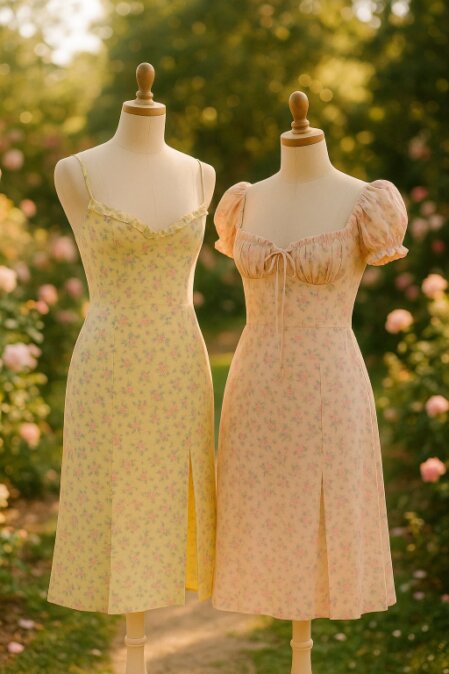Due abiti estivi esposti su manichini davanti a un giardino fiorito: a sinistra un vestito giallo pallido con sottili spalline e fantasia di piccoli fiori rosa, a destra un vestito rosa chiaro con maniche a sbuffo e delicato motivo floreale tono su tono.<br /><br /><br /><br /><br /><br /><br /><br /><br /><br />