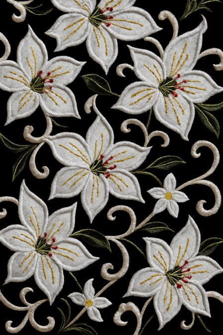 Fiori bianchi ricamati con stami gialli e dettagli rossi, foglie verdi e volute decorative avorio su sfondo nero.