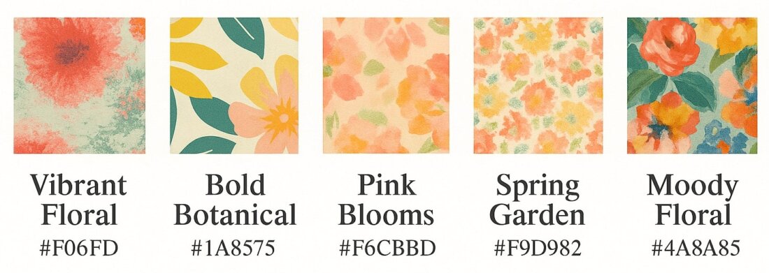 Cinque quadrati affiancati con motivi floreali e botanici: il primo presenta tonalità corallo e verde con etichetta “Vibrant Floral” e codice #F06FD, il secondo mostra foglie e fiori stilizzati su sfondo chiaro con “Bold Botanical” #1A8575, il terzo ha piccoli fiori rosa tenue con “Pink Blooms” #F6CBBD, il quarto raffigura un insieme di fiori primaverili in toni caldi con “Spring Garden” #F9D982, il quinto mostra fiori più intensi e sfondo verde-bluastro con “Moody Floral” #4A8A85.