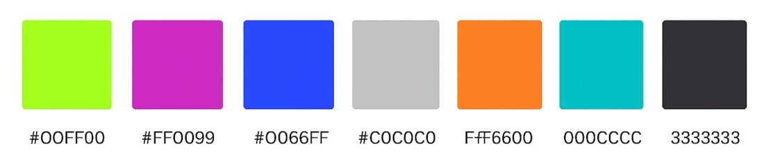 Palette di colori YK20 con sette quadrati affiancati: verde lime (#00FF00), magenta (#FF0099), blu vivace (#0066FF), grigio chiaro (#C0C0C0), arancione (#FF6600), turchese (#00CCCC) e grigio scuro (#333333).