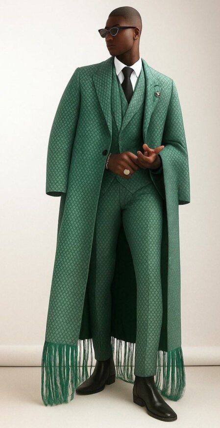 Uomo elegante in posa su sfondo neutro, indossa un completo verde con motivo geometrico e lungo cappotto coordinato con frange, abbinato a cravatta nera, occhiali da sole scuri, stivaletti in pelle nera e accessori dorati.