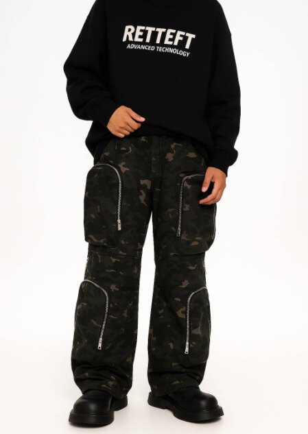 Persona in abbigliamento urbano con felpa nera recante la scritta “RETTEFT Advanced Technology” e pantaloni cargo mimetici con tasche a zip, ritratta su sfondo neutro.<br /><br /><br /><br /><br /><br /><br /><br /><br /><br />