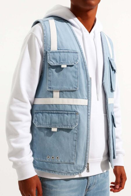 Persona inquadrata dal busto indossa una felpa bianca con cappuccio e un gilet utility in denim chiaro con tasche anteriori e dettagli riflettenti.