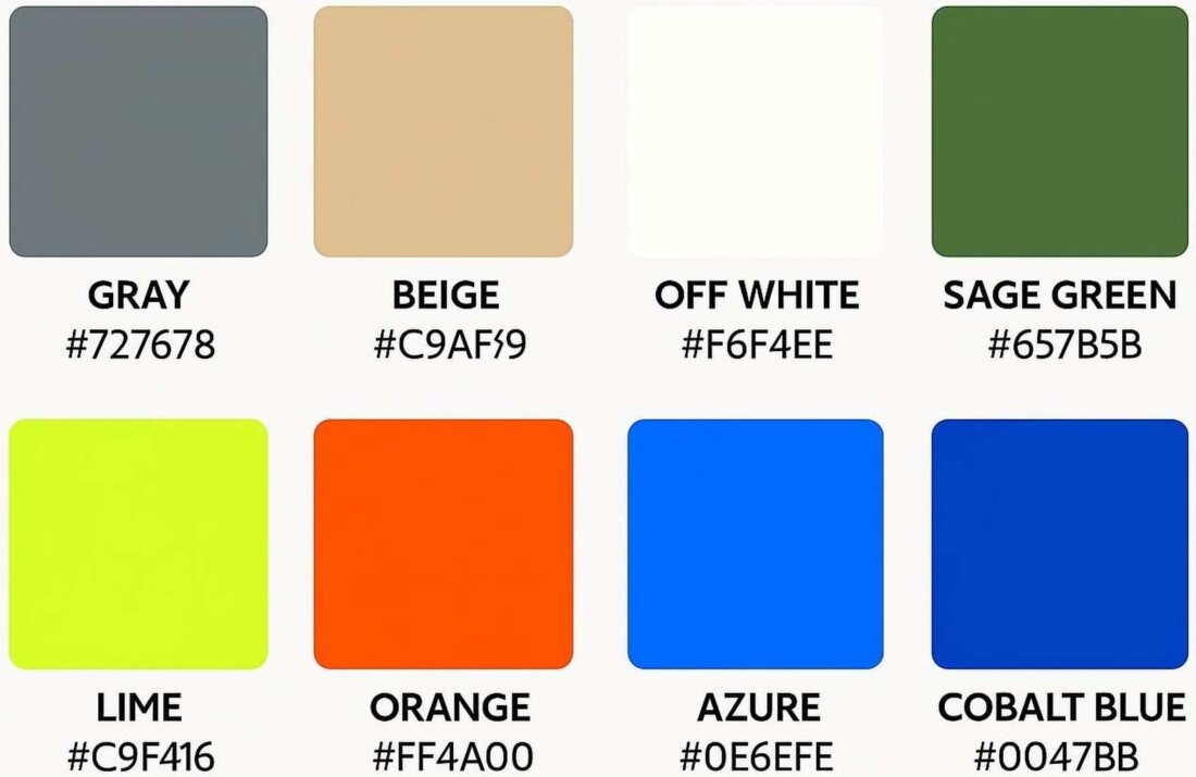 Palette di otto quadrati colorati disposti su due file: in alto, da sinistra a destra, “Gray” (#727678), “Beige” (#C9AF99), “Off White” (#F6F4EE) e “Sage Green” (#657B5B); in basso, da sinistra a destra, “Lime” (#C9F416), “Orange” (#FF4A00), “Azure” (#0E6EFE) e “Cobalt Blue” (#0047BB).