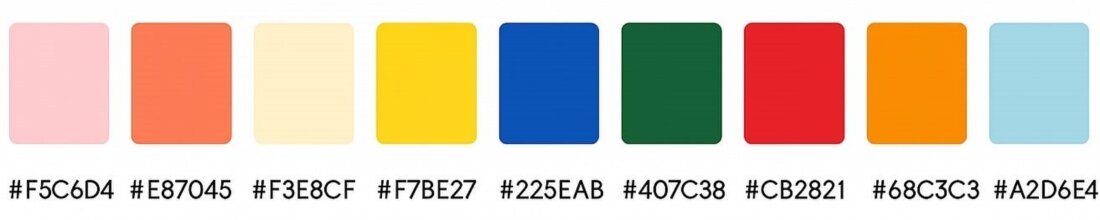 Immagine di una palette colori intitolata 'PALETTE STAMPA', composta da dieci campioni rettangolari disposti in fila. Ogni colore è accompagnato dal relativo codice esadecimale: rosa chiaro (#F5C6D4), arancio corallo (#E87045), beige chiaro (#F3E8CF), giallo brillante (#F7BE27), blu intenso (#225EAB), verde scuro (#407C38), rosso vivo (#CB2821), arancione acceso (#68C3C3) e azzurro pastello (#A2D6E4), su sfondo bianco.