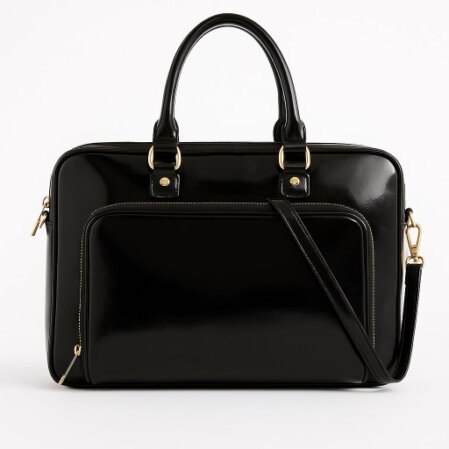 Borsa ventiquattrore in pelle nera lucida con manici rigidi e tracolla removibile. Presenta una grande tasca frontale con zip dorata e dettagli in metallo dorato. Il design è elegante e strutturato, adatto all’uso professionale. Sfondo bianco uniforme.