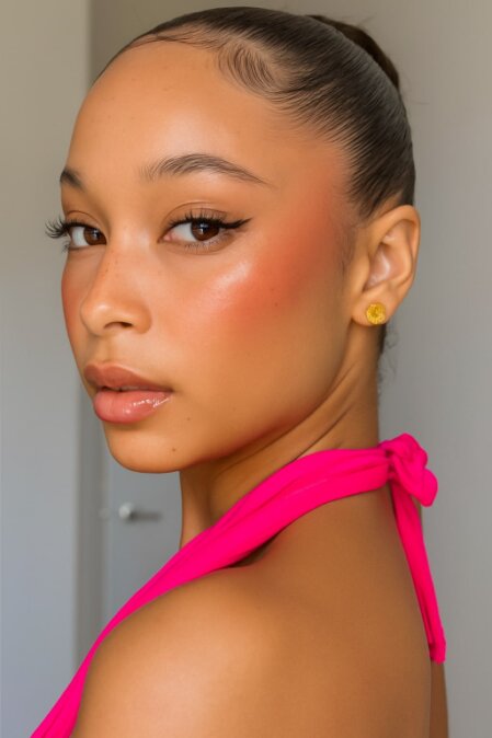 Ritratto di una giovane donna con pelle luminosa, capelli raccolti in uno chignon tirato e baby hair scolpiti. Indossa un top fucsia annodato dietro al collo e orecchini dorati. Il trucco è curato con eyeliner marcato e blush rosato. Sguardo diretto verso l’obiettivo con espressione elegante.
