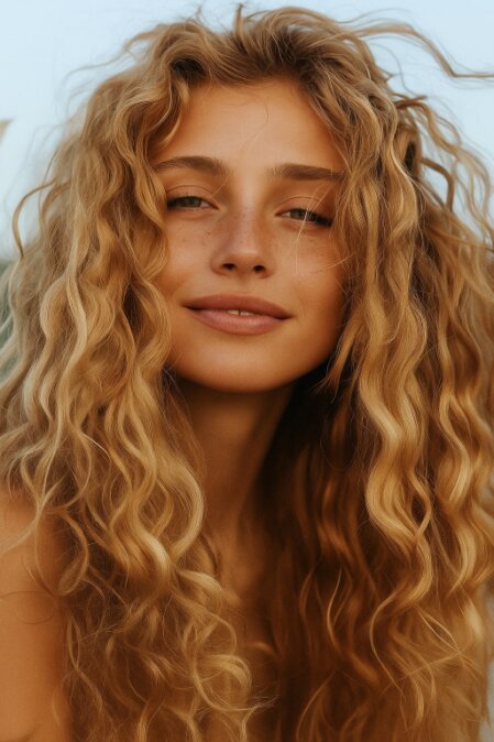 Primo piano di una giovane donna con lunghi capelli biondi mossi e voluminosi, pelle chiara con lentiggini e un’espressione rilassata. La luce calda e naturale del tramonto illumina il volto, creando un’atmosfera estiva.
