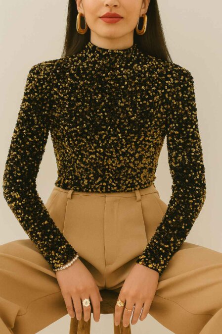 Donna seduta indossa un top aderente nero coperto di paillettes dorate, pantaloni beige a vita alta e gioielli dorati, su sfondo chiaro con albero natalizio sfocato.