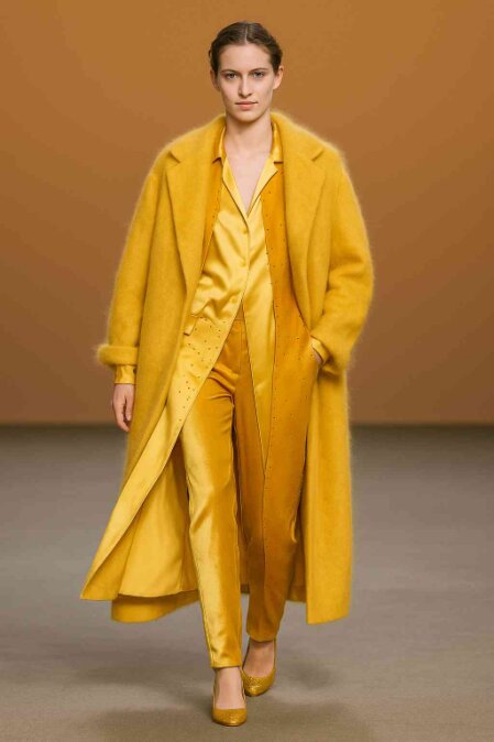 Modella che sfila su passerella indossando un completo satinato color oro brillante con dettagli di micro-punti luminosi, abbinato a un cappotto oversize in lana color senape e décolleté scintillanti dorate, su sfondo monocromatico caldo.