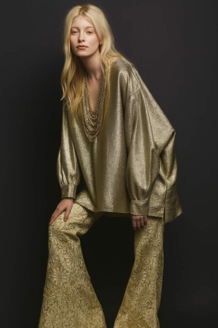 Modella con lunghi capelli biondi indossa un top ampio dorato lucido con collane metalliche e pantaloni svasati ricamati con motivi floreali tono su tono dorati.