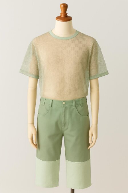 Manichino che indossa una maglietta a rete beige con bordi verde menta e pantaloncini al ginocchio in due tonalità di verde, con cuciture visibili e tasche anteriori, posizionato contro uno sfondo neutro.<br /><br /><br /><br /><br /><br /><br /><br /><br /><br />Chiedi a ChatGPT<br />