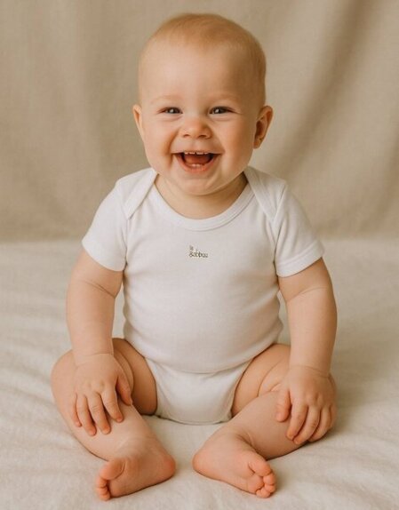 Bambino sorridente seduto su un letto, indossa un body bianco in morbido tessuto di bambù, ideale per la pelle delicata dei più piccoli.