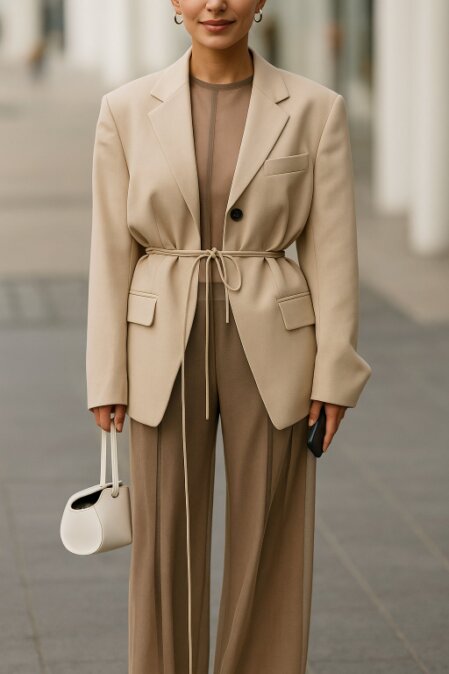 Donna in posa su un marciapiede urbano, indossa un completo elegante color beige composto da giacca con cintura annodata in vita e pantaloni ampi. Sotto la giacca, si intravede un top trasparente marrone. Tiene una piccola borsa bianca in una mano e un cellulare nell’altra.<br />