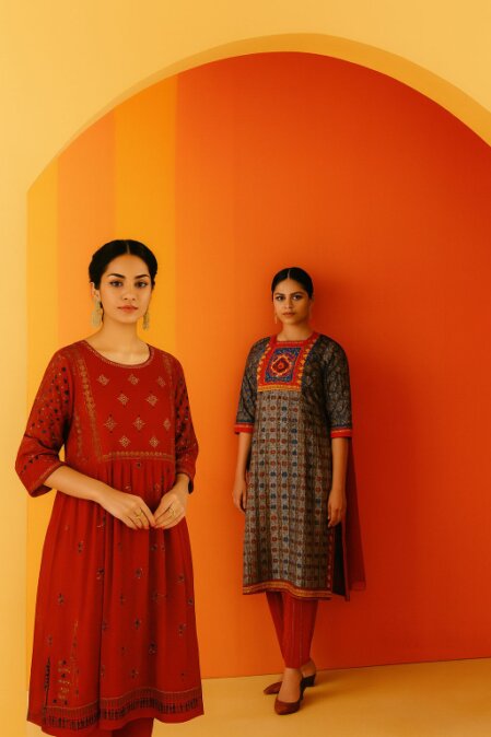 Due donne con capelli raccolti indossano abiti tradizionali indiani riccamente decorati, in posa davanti a un fondale a gradazioni calde di arancione e giallo. La donna a sinistra indossa un kurta rosso con motivi dorati e maniche ricamate, mentre quella a destra indossa un abito con stampa geometrica nei toni del blu, rosso e grigio, con dettagli ricamati sul petto. Entrambe indossano orecchini dorati pendenti e scarpe basse coordinate.