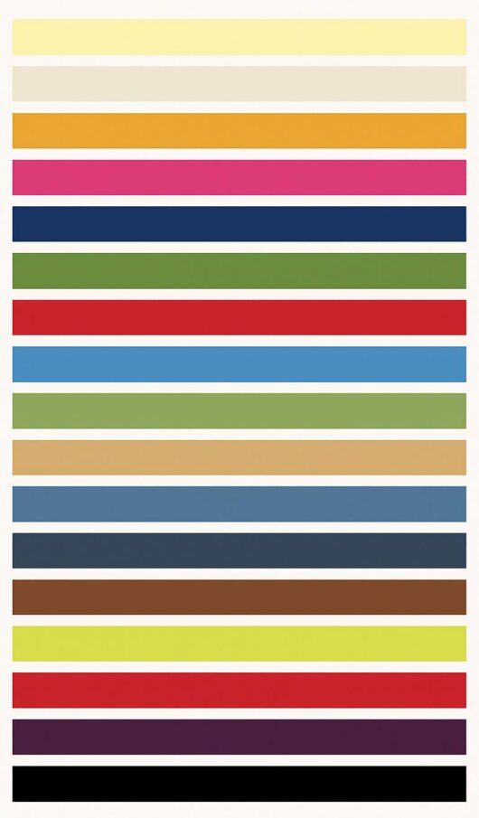 Tabella con 20 campioni di colore Pantone su sfondo bianco, rappresentanti la palette moda Primavera/Estate 2026 con tonalità come giallo crema, rosa vivace, blu cielo, rosso papavero, verde prato e nero profondo.