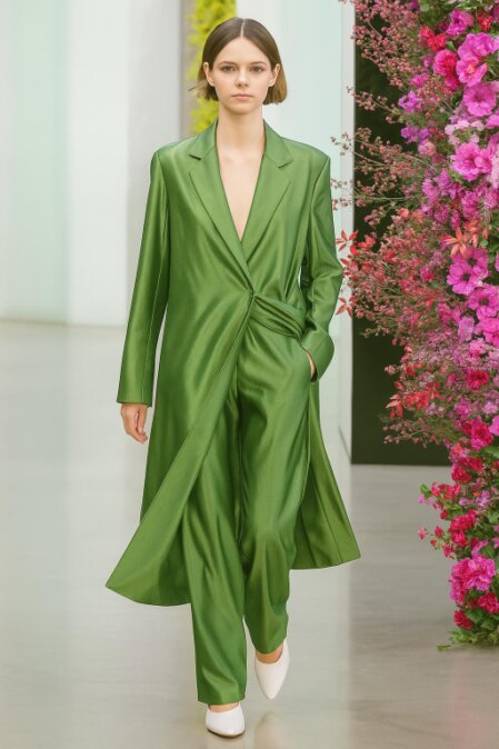 Modella che sfila su una passerella indossando un completo in raso verde smeraldo composto da blazer lungo con drappeggio e pantaloni coordinati. L’outfit è abbinato a scarpe bianche a punta; sullo sfondo, una parete decorata con fiori rosa e fucsia.