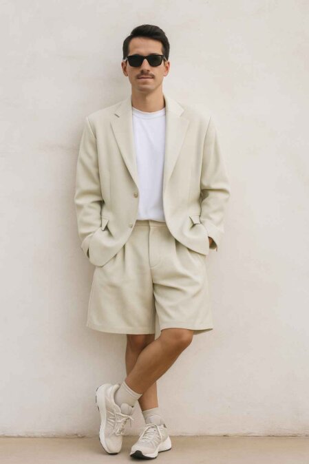 Uomo con occhiali da sole e baffi indossa un completo beige chiaro composto da blazer e bermuda, abbinato a una t-shirt bianca e scarpe da ginnastica chiare. È in posa rilassata contro una parete neutra.